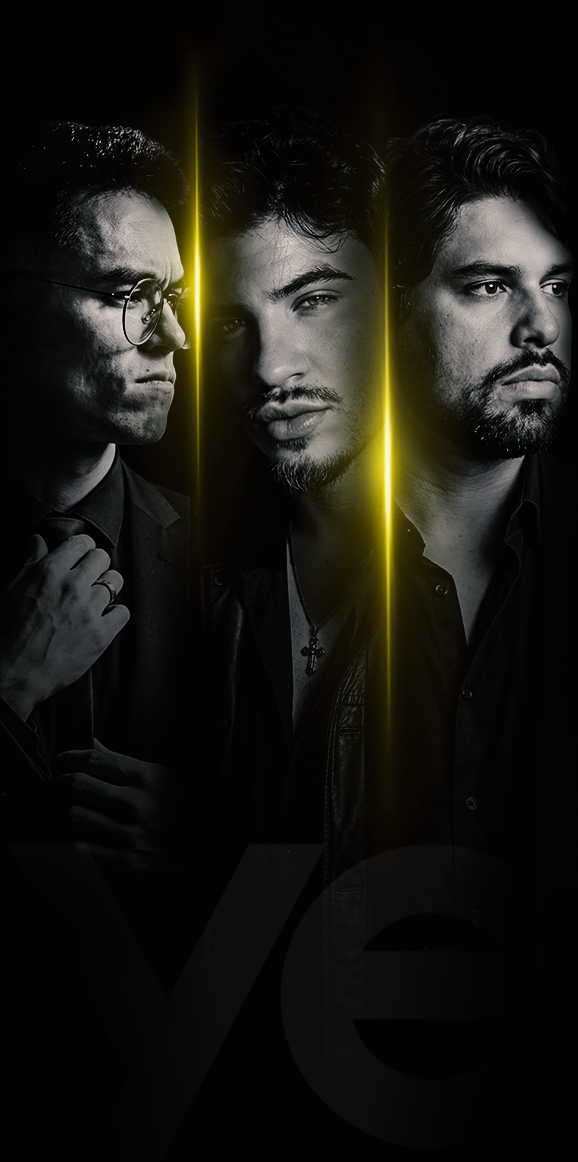 The three Yelllw partners in black and white portraits, separated by yellow light beams.
